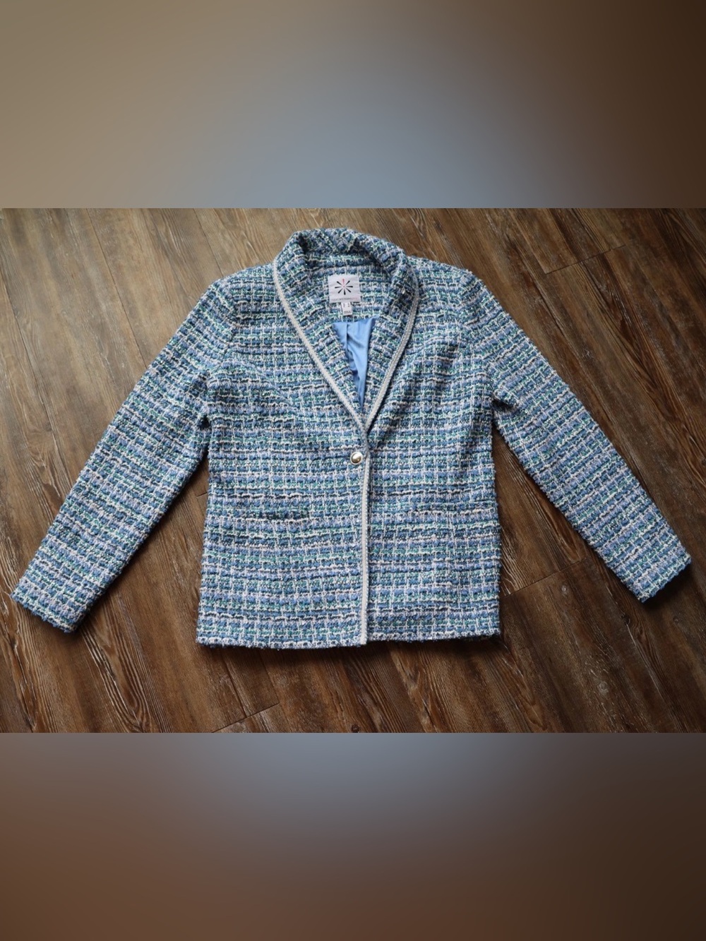 Isaac Mizrahi Coastal Blue Boucle Tweed Blazer Jacket Metallic Trim Womens Small